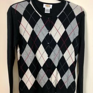Talbots Argyle front silk cashmere cardigan sweater black cream grey EUC Petite